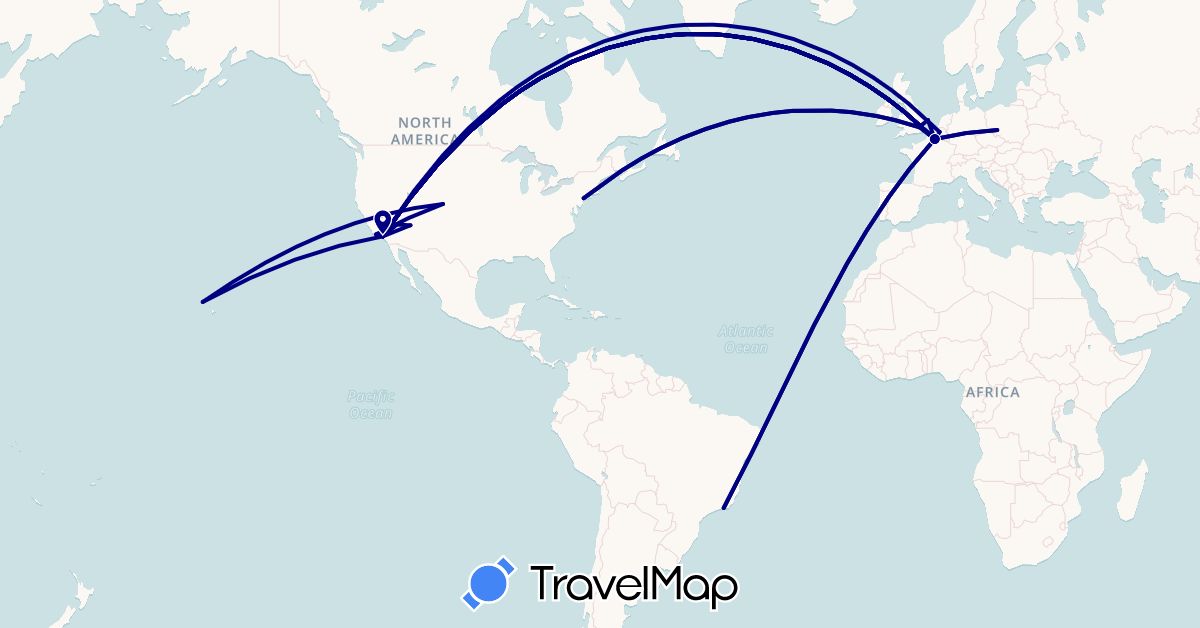 TravelMap itinerary: driving in Belgium, Brazil, France, United Kingdom, Poland, United States (Europe, North America, South America)